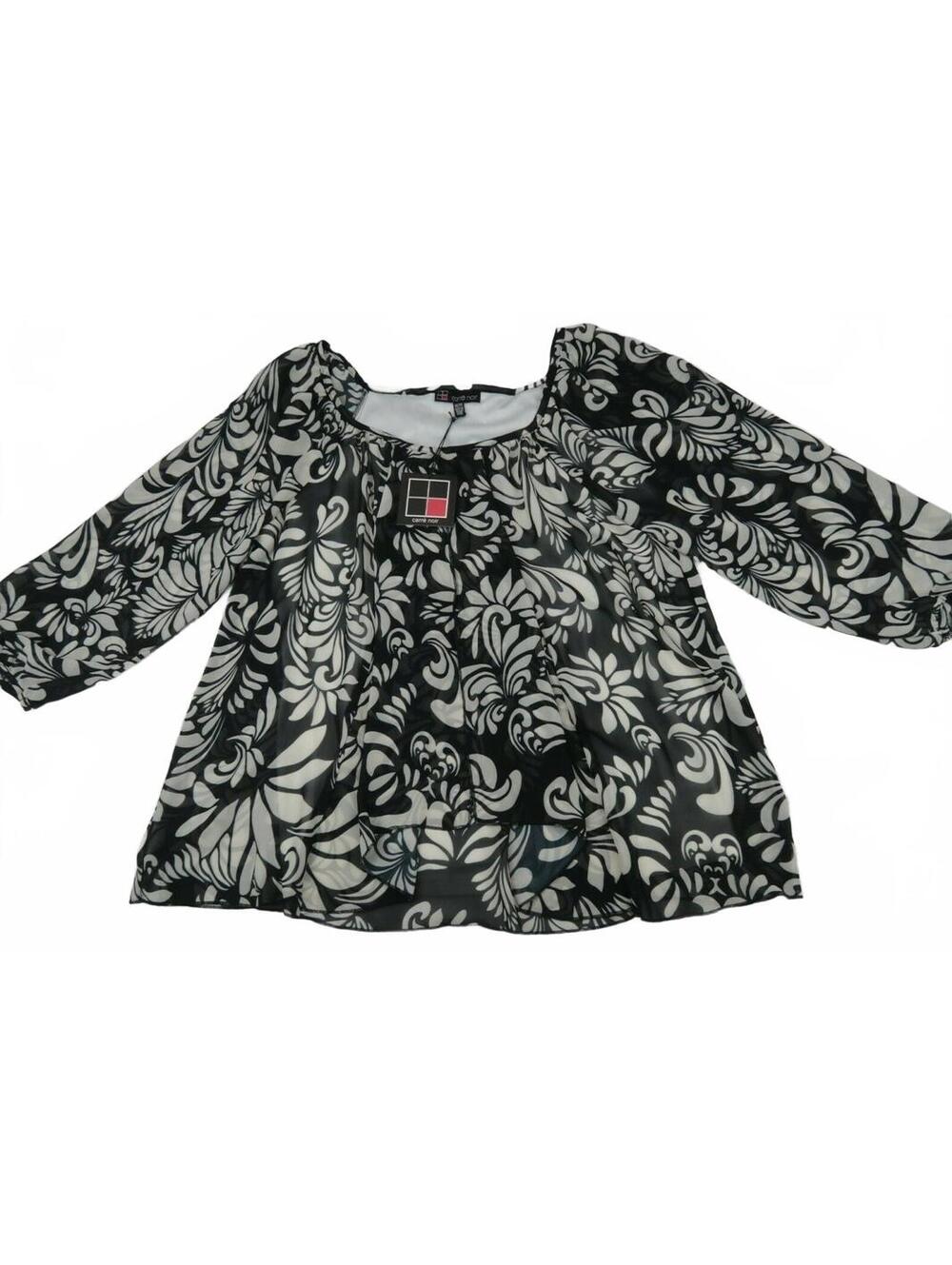 NEW Carre Noir Womens 3/4 Sleeve Scoop Neck Black Abstract Blouse M